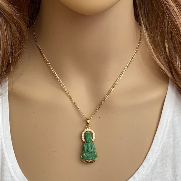 14K Real Gold Guanyin Kwan Yin Buddha Jade Pendant - Picture 3 of 10